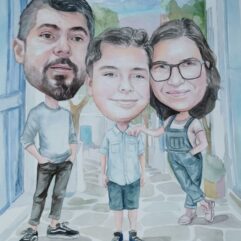 Trei Portrete Caricaturizate - pictate in acuarele pe hartie de bumbac