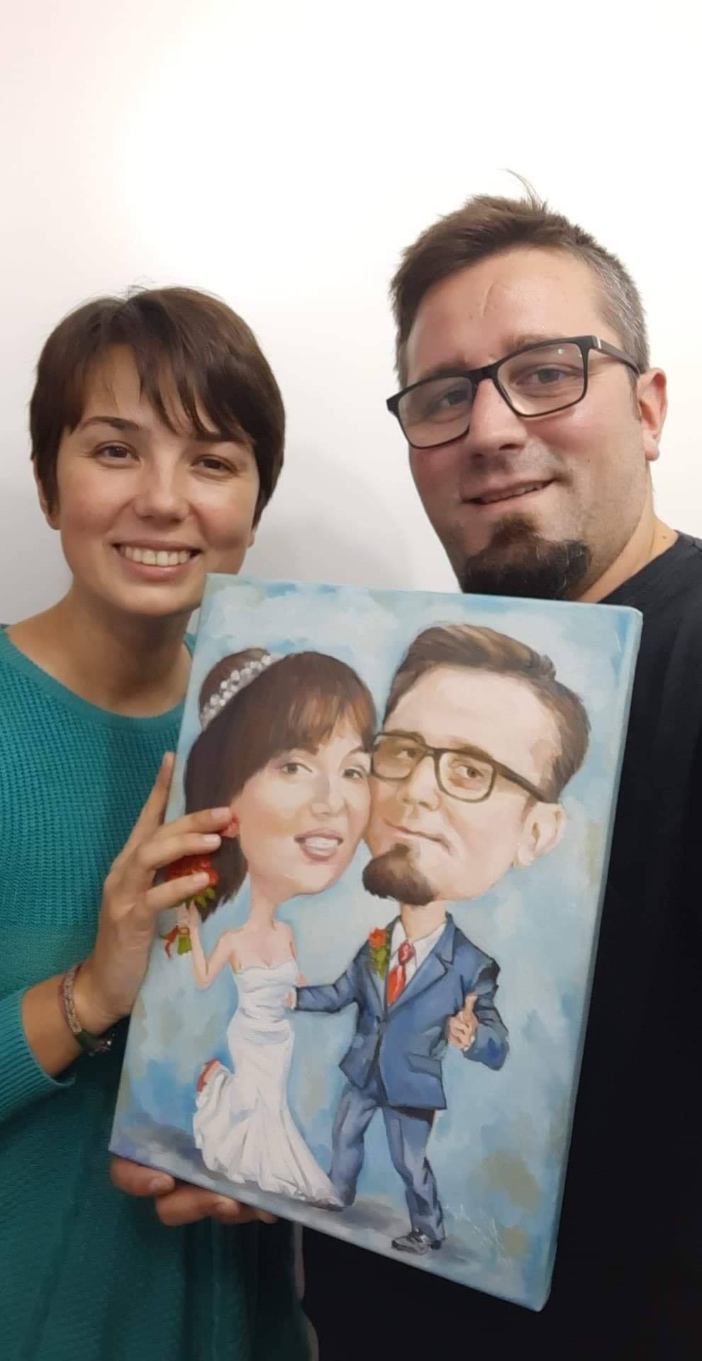 Doua Portrete caricaturizate - pictate in ulei pe panza