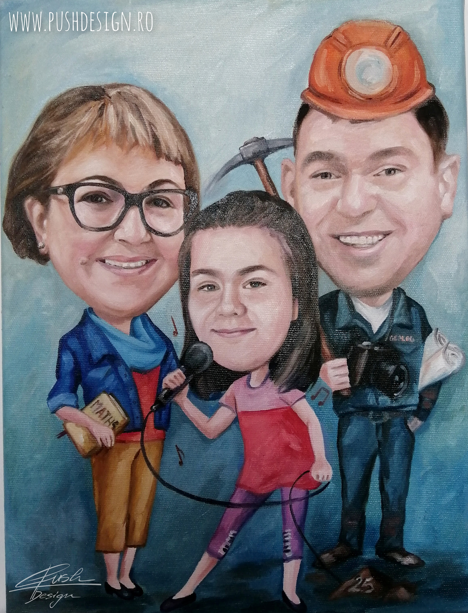 Trei Portrete caricaturizate - pictate in ulei pe panza